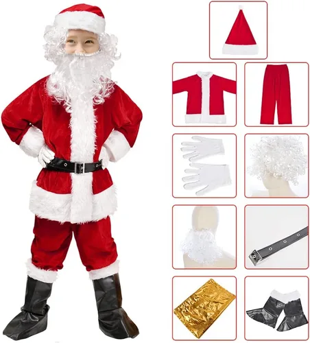 Vista 4 de Disfraz de Papá Noel para niños, disfraz de Papá Noel para niños de 6 años en adelante, 9 unidades, color rojo