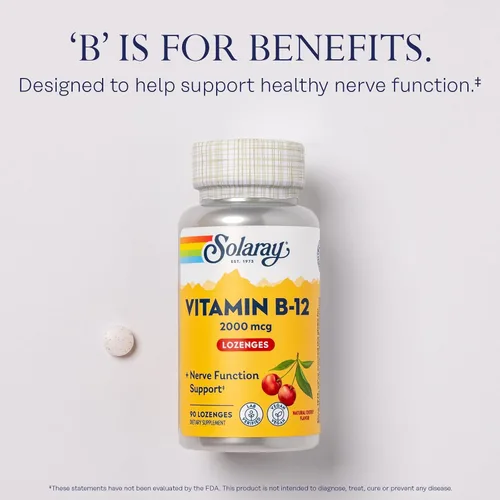 Vista 3 de SOLARAY Pastillas de vitamina B12 de 2000 mcg, sin azúcar, sabor a cereza natural, vitamina B 12 suplemento para la función nerviosa, energía
