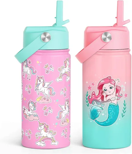 Vista 14 de SANDJEST Botella de agua para niños con tapa con pajilla, botellas de agua de acero inoxidable con aislamiento del alfabeto de 12 onzas para niños