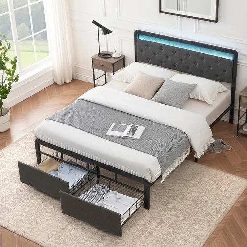 Vista 9 de Base de cama Queen con 2 cajones de almacenamiento, cabecera capitonada con botones y luces LED, cama de plataforma tapizada con almacenamiento