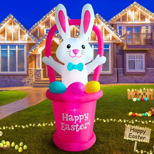 Vista 9 de [Usado] Conejo de 5 pies con una cesta de flores, decoración inflable de Pascua para patio, conejo de Pascua inflable con cesta iluminada