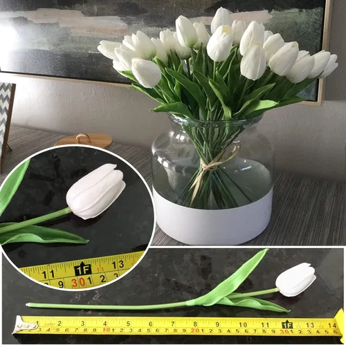 Vista 5 de hanlongyu 15 piezas de tulipanes de marfil artificiales para decoración de mesa, ramos artificiales falsos, tulipanes realistas para decoración