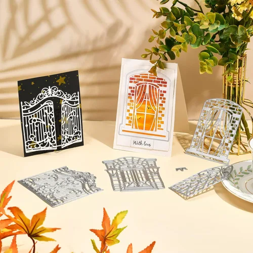 Vista 3 de ORIGACH 4 piezas de marco de ventana para puerta, fondo de encaje, troquelados, plantillas en relieve, molde de plantilla para álbumes de recortes