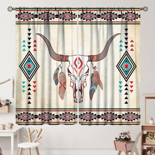 Vista 148 de Cortinas con patrón geométrico tribal, estilo suroeste, azteca, rústico, occidental, nativo americano, opacas, con bolsillo para barra, decoración