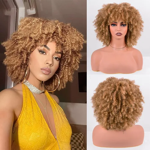 Vista 48 de Vitorish Peluca corta afro rizada con flequillo para mujeres negras, peluca sintética resistente al calor, color negro natural, para uso diario