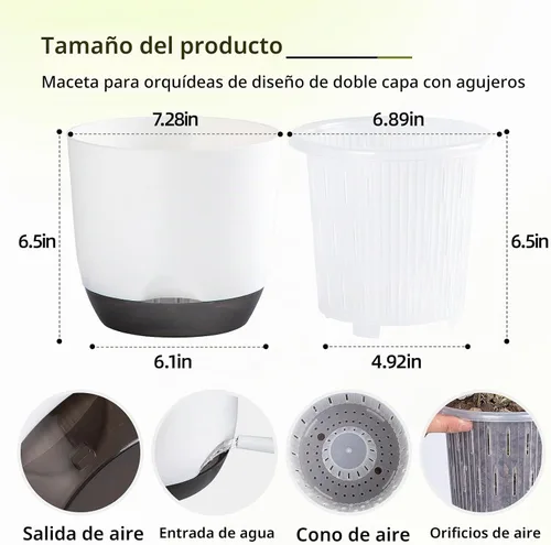 Vista 2 de QCQHDU 2 Pack 7.2 Inch Orchid Pots with Holes for Repotting, Double-Layer and Self Watering Orchid Pot with Good Air Circulation Blanco y negro