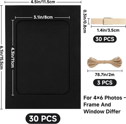 Vista 2 de Anwyll 30 Marcos de Fotos de Papel - Marcos de Fotos de Papel Negro de 4x6'' Marcos de Cartón con Clip y Cuerda Portafotos DIY con Clip Kit