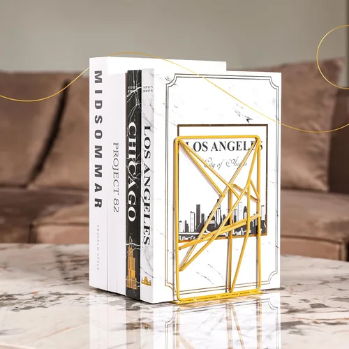Vista 7 de Sujetalibros decorativos de metal dorado con diseño geométrico para estantes con acabado de recubrimiento en polvo, elegante soporte de escritorio