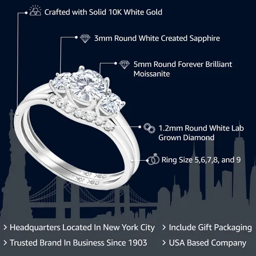 Vista 2 de Gem Stone King Juego de anillos de compromiso nupcial de 3 piedras de oro blanco de moissanita de oro blanco de 10 quilates con zafiro creado