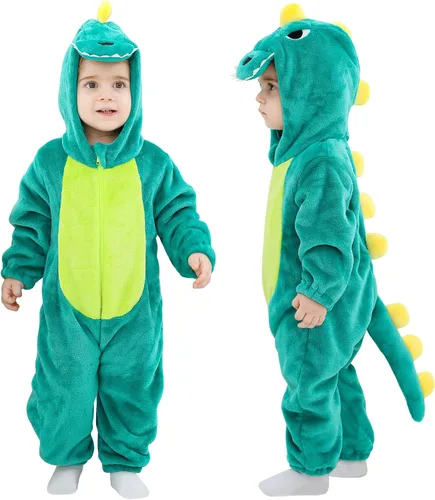 Vista 9 de TONWHAR - Disfraz de dinosaurio para niños pequeños, mameluco de animal para Halloween para niños y niñas Verde militar