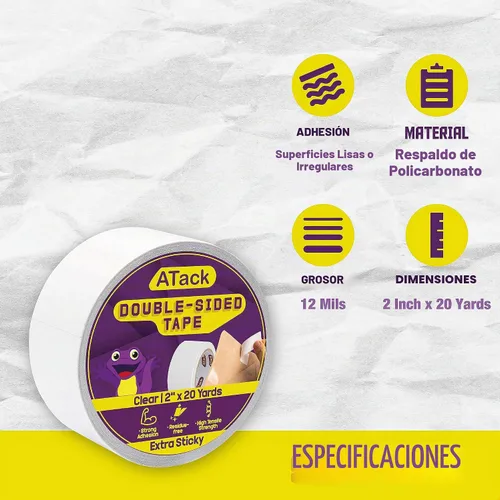 Vista 2 de ATack Cinta transparente extra adhesiva de doble cara, extraíble, 2 pulgadas x 20 yardas, segura para pared, cinta de tela autoadhesiva de doble