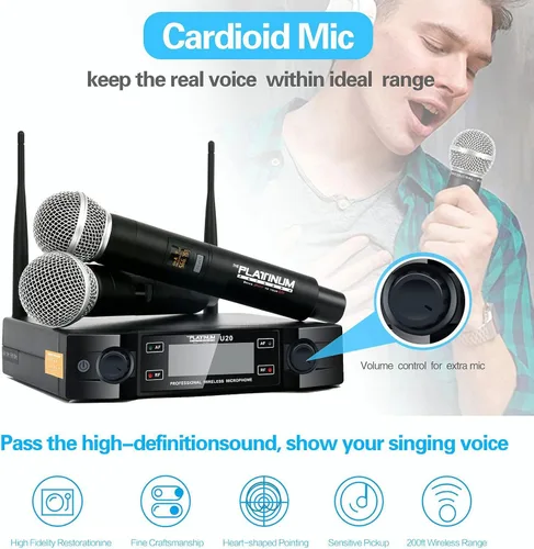 Vista 2 de El sistema de micrófono inalámbrico Platinum, sistema de micrófono dinámico de mano profesional de doble canal con receptor de karaoke profesional