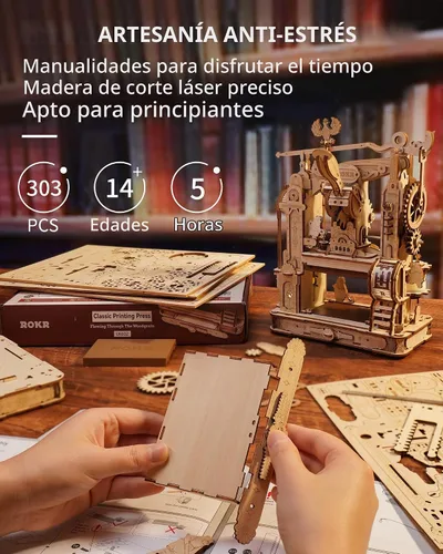 Vista 3 de ROKR Rompecabezas 3D para adultos, rompecabezas de madera, juegos de construcción de modelos de prensa de impresión clásica, manualidades de madera