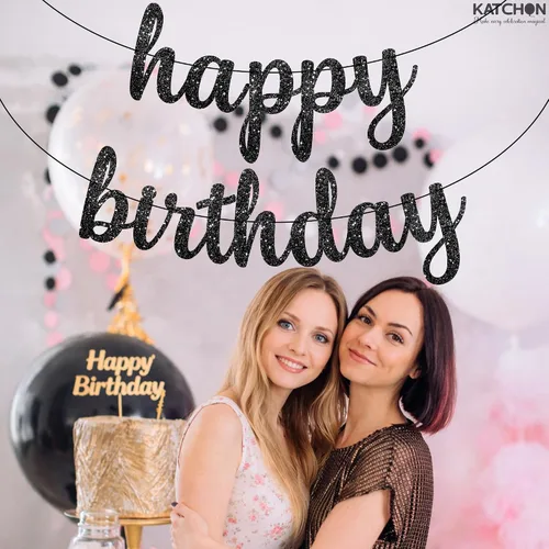 Vista 5 de Cartel cursivo negro de feliz cumpleaños – pre-encordado, 10 pies Decoraciones de feliz cumpleaños con purpurina para mujeres, hombres, niños