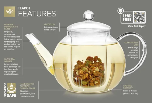 Vista 4 de Tetera de vidrio Teabloom segura para estufa y microondas con infusor de té de vidrio extraíble – Incluye 2 tés florecientes – Hervidor de té
