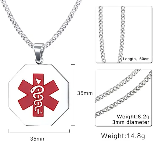 Vista 2 de VNOX Collar con colgante personalizado de acero inoxidable con grabado personalizado para identificación de alerta médica de emergencia para hombres