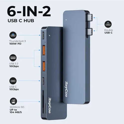 Vista 2 de RayCue Adaptador USB C para MacBook Pro/Air M1 M2 2023 2022 2021 13" 15" 16", accesorios 6 en 2 MacBook Pro con 10Gbps 2* USB 3.2, transferencia