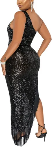 Vista 5 de Vestido de discoteca con lentejuelas y flecos para mujer, con purpurina, sexy, de un hombro, vestido de fiesta de graduación, formal, asimétrico
