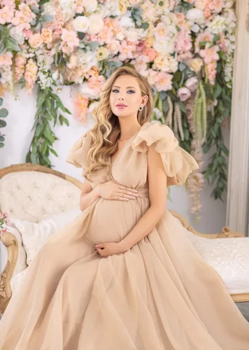 Vista 8 de Vivymaku Vestido de maternidad de gasa con cuello en V para sesión de fotos, maternidad, embarazo, baby shower, vestido hinchado transparente