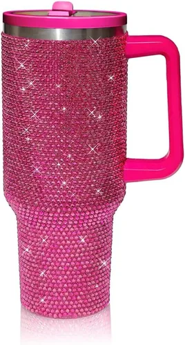 Vista 8 de Vaso de 40 onzas con tachuelas de strass con mango, popote y tapa, botella de agua de acero inoxidable aislada de doble capa para mujeres, taza