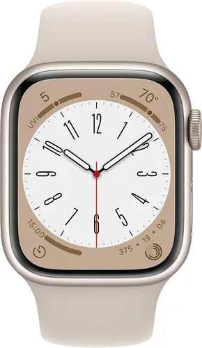 Vista 2 de Apple Reloj Series 8 GPS + celular, 1.61 pulgadas - Caja de aluminio Starlight con correa deportiva Starlight, SM (renovado)