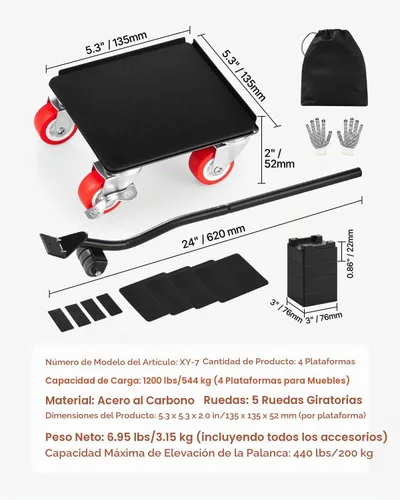 Vista 7 de VEVOR Carretilla para muebles, mudanzas de muebles resistentes con 5 ruedas de rotación de 360°, panel de acero al carbono, juego de herramientas