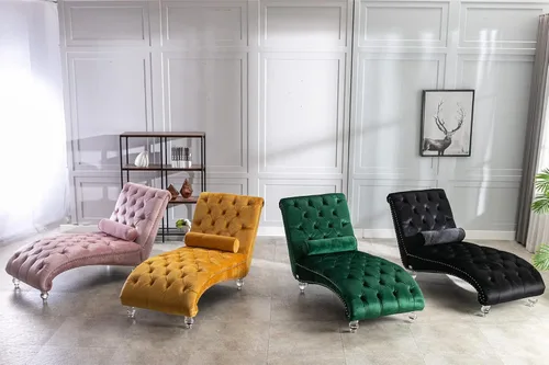 Vista 7 de Tumbona de terciopelo con almohada, moderna silla de descanso con botones copetudos con patas acrílicas, silla tapizada para interiores para sala