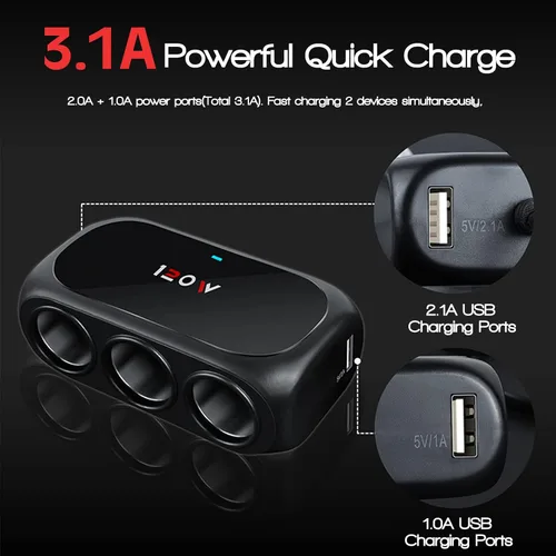 Vista 3 de Adaptador divisor de encendedor de cigarrillos de coche de 3 enchufes, 2 extensores USB [120W] [12V/24V] [cargador de coche dual USB de 3.1 A]