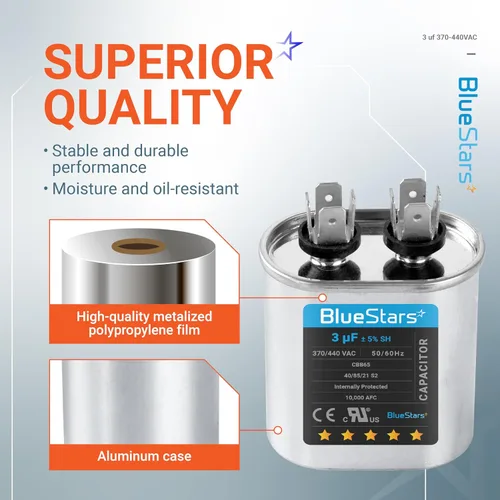 Vista 5 de Blue Stars - Repuesto de condensador de arranque ovalado 3 µF/MFD ± 5% 370/440 VCA 50/60 Hz eléctrico, para aire acond. central, bomba de calor