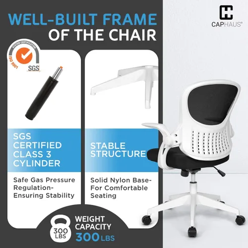 Vista 8 de CAPHAUS Silla de oficina ergonómica abatible, silla de escritorio acolchada de malla transpirable, soporte lumbar, silla giratoria con ruedas