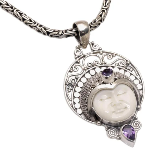 Vista 3 de NOVICA Collar hecho a mano con colgante de amatista de plata de ley 925 de Bali Purple Indonesia piedra natal 'Lunar Queen', Plata esterlina