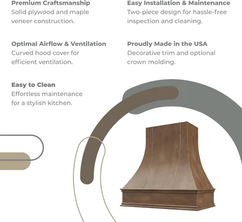Vista 5 de Cubierta curvada para campana extractora de nogal americano con molduras decorativas, cubiertas de madera para campana extractora de pared, madera