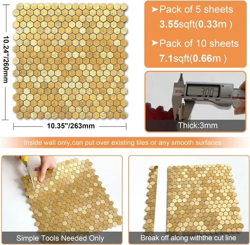 Vista 6 de VAOVI Azulejos dorados para salpicaduras de cocina, adhesivos de mosaico autoadhesivos, resistentes al calor, impermeables
