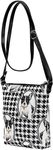 Vista 7 de Signare Tapiz pequeño bandolera para mujer con diseño de bulldog francés en blanco y negro (plateado), FRENCH BULLDOG