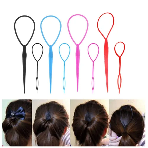 Vista 2 de 4 pares de herramientas para cola de cabello, accesorios para trenzar el cabello, fabricante de cola de caballo para mujeres, cinta de herramienta