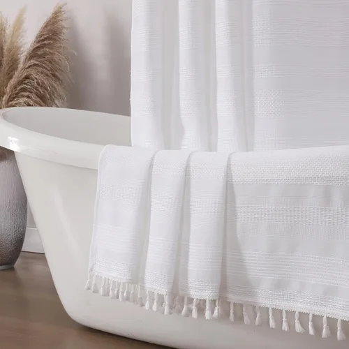 Vista 26 de OVZME Cortina de ducha bohemia negra, cortina de ducha estrecha de tela suave a rayas de lino texturizado con borla, moderna decoración de baño