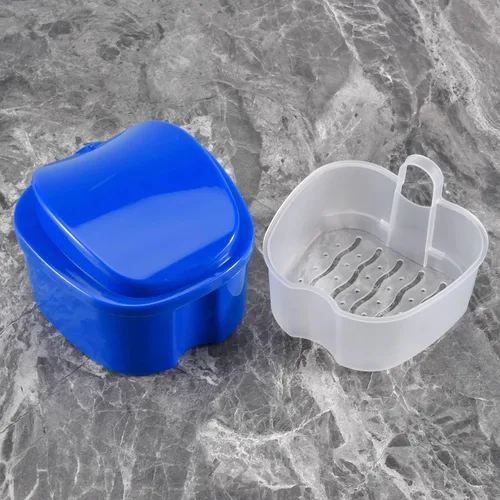 Vista 2 de Caja de dentadura azul oscuro, taza de dentadura con colador, caja de baño de dentadura postiza, caja de almacenamiento de dientes falsos con cesta