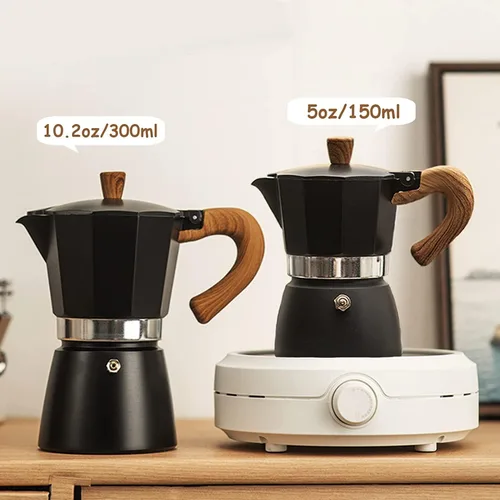 Vista 2 de Moka - Cafetera de café italiano, cafetera italiana, cafetera de 6 tazas/10 onzas, estufa de aluminio, cafetera para camping, cafetera cubana manual