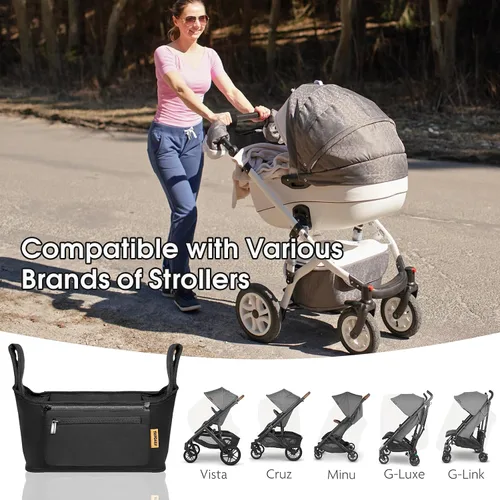 Vista 6 de Organizador de cochecito, correas antideslizantes con portavasos aislado para UPPABABY, bolsa desmontable para teléfono, bolsa organizadora