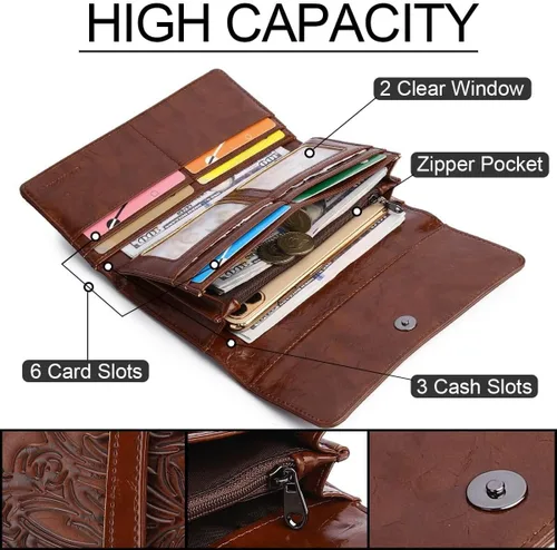 Vista 7 de MEITRUE Cartera de cuero para mujer, con bloqueo RFID, triple pliegue, con relieve, soporte para tarjetas, organizador de chequera para teléfono