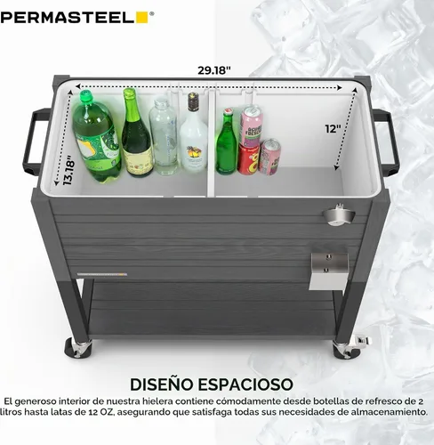 Vista 9 de Permasteel 80 Quart Party Cooler, Rolling Ice Chest with Wheels and Handles for Indoor Outdoor Patio Gris