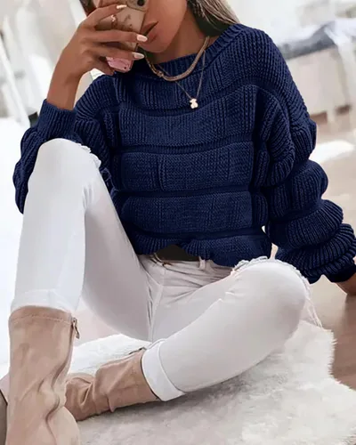 Vista 5 de PRETTYGARDEN Suéteres de otoño 2024 para mujer, estilo casual, cuello redondo, manga larga, holgados, lisos, de punto grueso, linda blusa