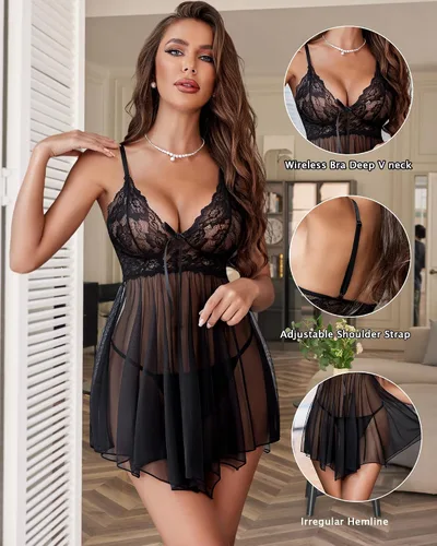 Vista 5 de Avidlove Lencería para mujer, babydoll de encaje, camisón de malla, camisón de noche, ropa interior para dormir 1-negro