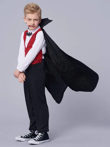 Vista 3 de IKALI Disfraz de vampiro para niños y niñas, Drácula de Halloween con capa