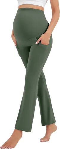 Vista 5 de HEGALY Leggings acampanados de maternidad para mujer sobre el vientre, pantalones casuales de yoga para embarazo, con bolsillos, suaves como