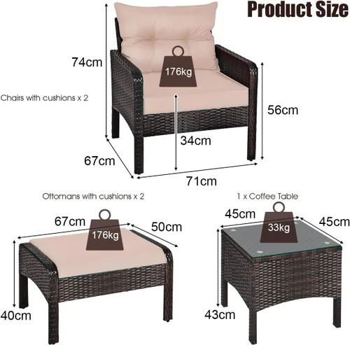 Vista 5 de Juego de muebles de patio de 5 piezas, silla de mimbre de ratán para conversación al aire libre con 2 otomanas y mesa de centro de vidrio templado