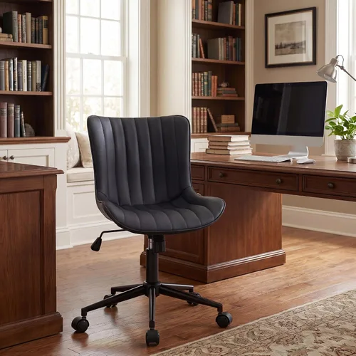 Vista 4 de Kidol & Shellder Silla de escritorio de oficina con ruedas, moderna silla giratoria de cuero sin brazos con respaldo acolchado cómodo, ergonómico