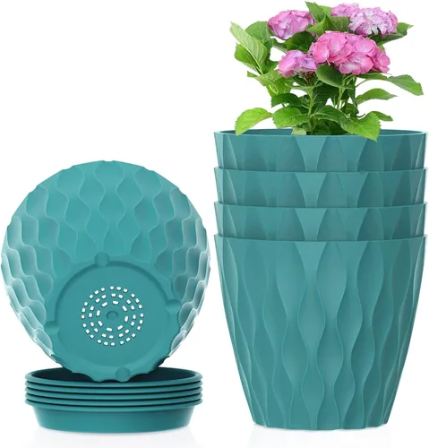 Vista 26 de Meowell Macetas pequeñas de plástico de 4 pulgadas, macetas de plántulas, juego de 5 macetas de ondas de agua para plantas de interior, macetas