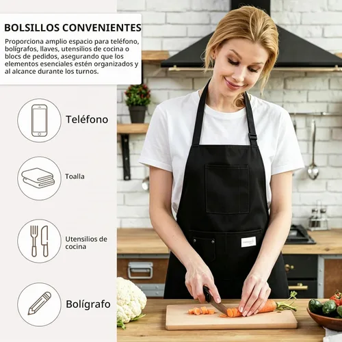 Vista 2 de Delantales de chef de algodón para hombres y mujeres, bolsillos grandes, material de lona Negro