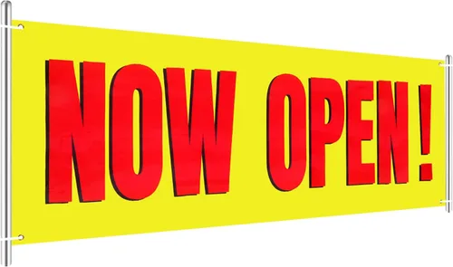 Vista 8 de Banner grande "Now Open" (abierto) para interior y exterior de poliéster, tela Oxford, letrero "Now Open" colgante para decoración de césped, Fondo